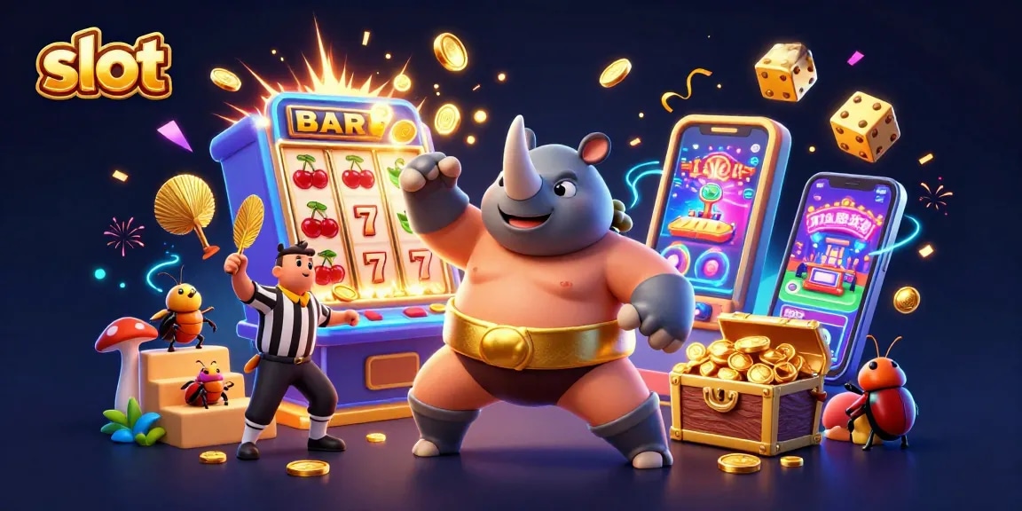 Experience thrilling slot excitement with a rhinoceros beetle champion amidst flying coins and jackpots.
