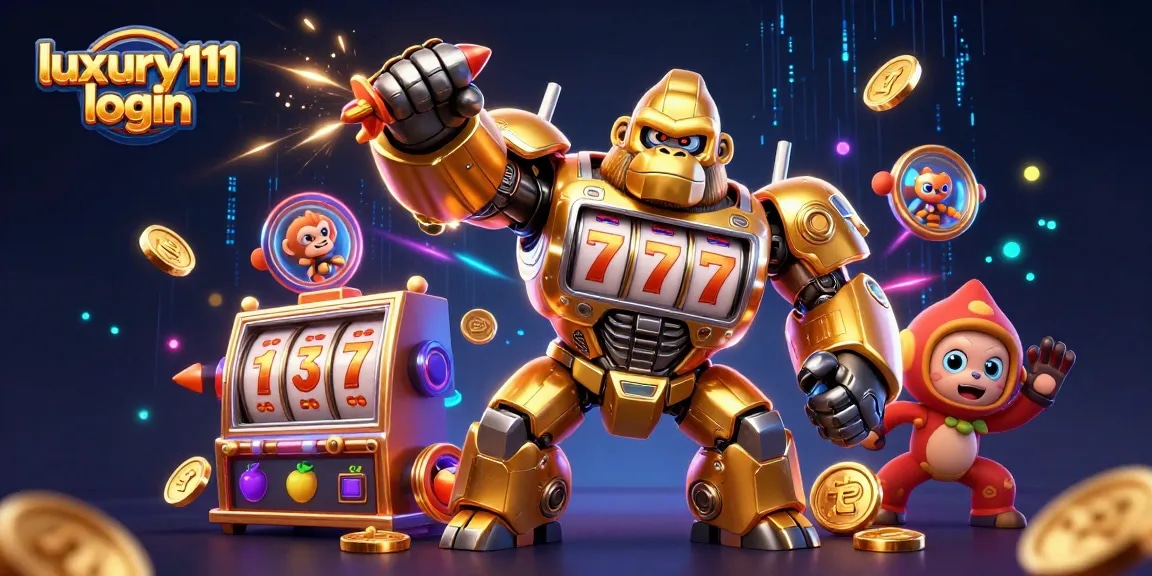 Win big with luxury111 login in this captivating slot-themed 3D illustration featuring a dynamic gorilla mech.