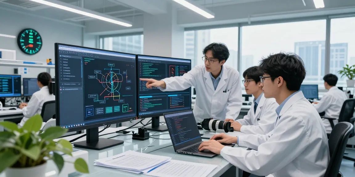 AI image detector experts collaborating in a modern detection lab, analyzing visual data and algorithms.