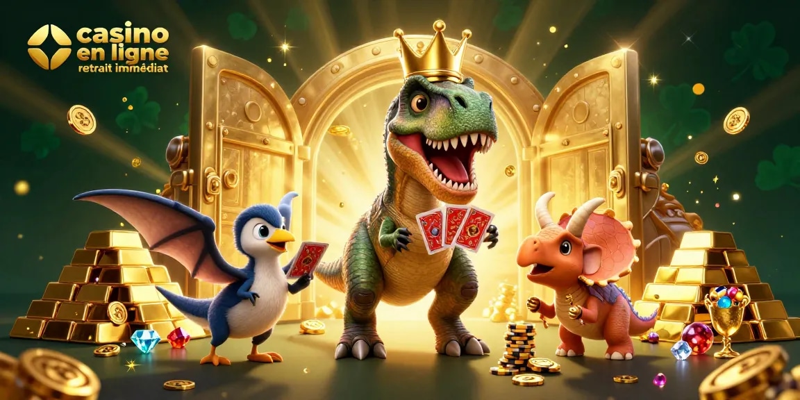 Casino en ligne retrait immédiat avec un T-Rex jouant aux cartes et un Tricératops empilant des jetons d'or