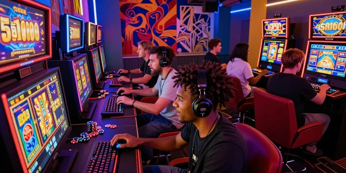 Excited players enjoying their gaming experience at a slot deposit 5000 platform, with colorful graphics and vibrant atmosphere.