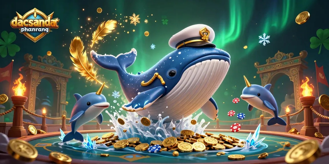 Join the excitement at dacsandatphanrang with a cartoon whale breaching through coins and playful dolphins showcasing poker skills.