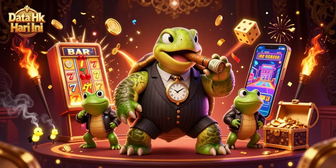 Engage in thrilling gambling with Data Hk Hari Ini featuring a cartoon turtle in a casino environment.