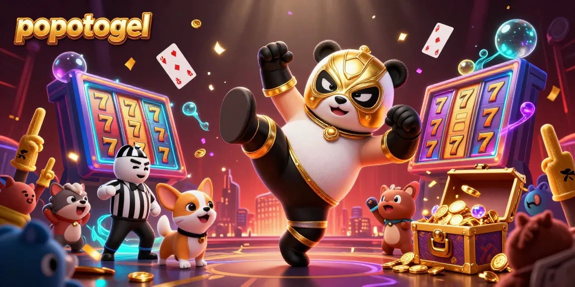 Engage with popotogel's exciting slot games and treasures in this vibrant 3D casino scene.