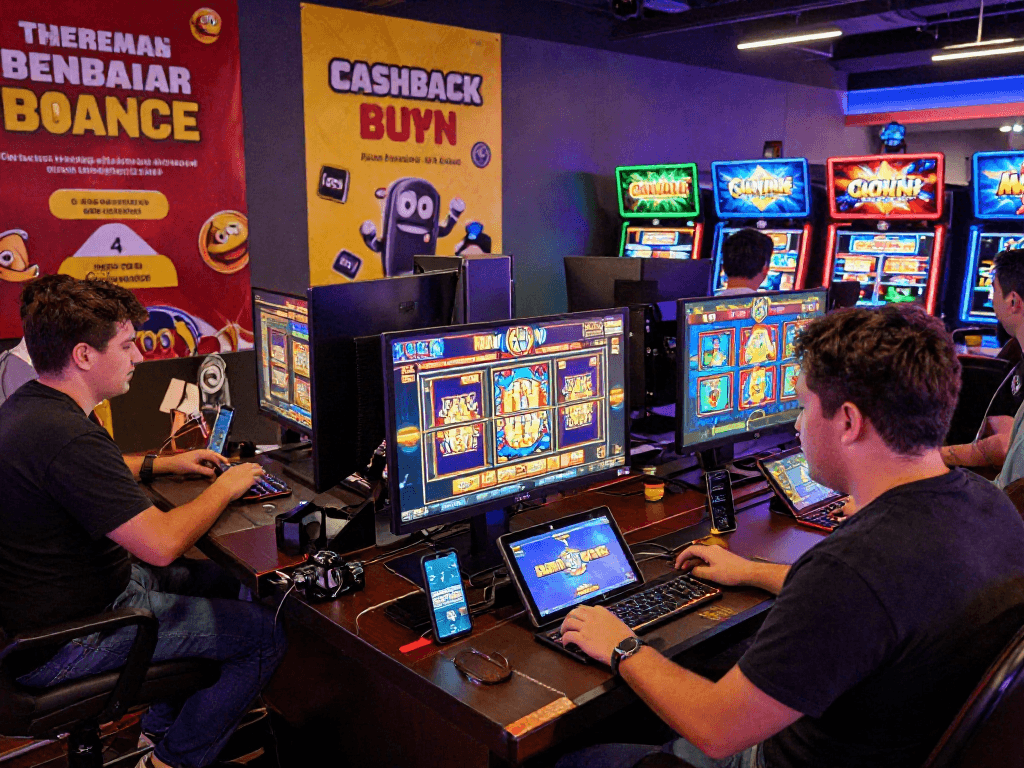 Excited players engaging with online bonus cashback slot games in vibrant digital environment.