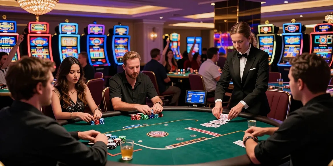 Experience the excitement of newbet4d at a bustling casino with vibrant poker tables and dynamic lighting.