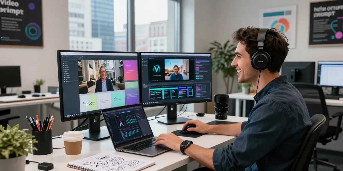 Developer analyzing video content with video prompt AI generator in a modern workspace.