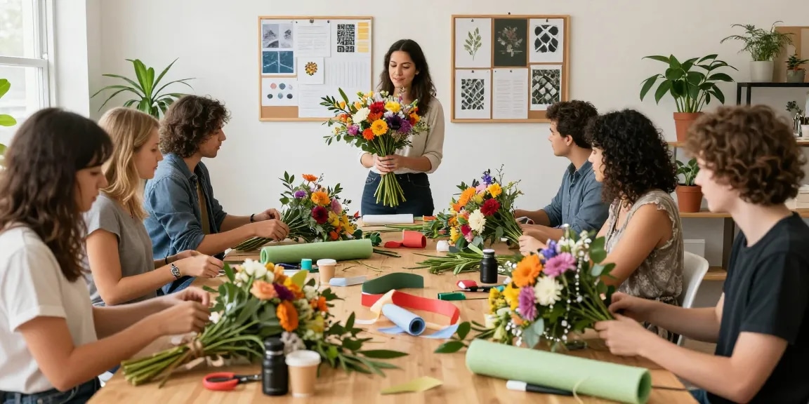 Students learning floral design at MODALWD's workshop, showcasing vibrant flowers and creativity.