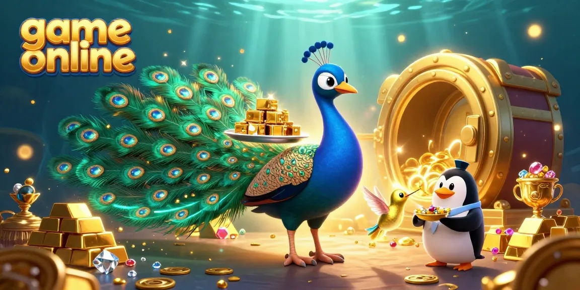 Play engaging game online with a vibrant casino scene featuring characters and golden treasures.