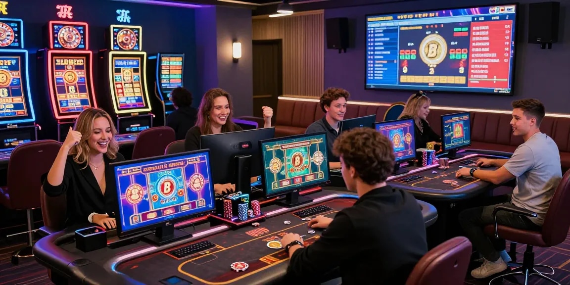 Engaging crypto casino scene with diverse players enjoying digital games in a vibrant atmosphere.