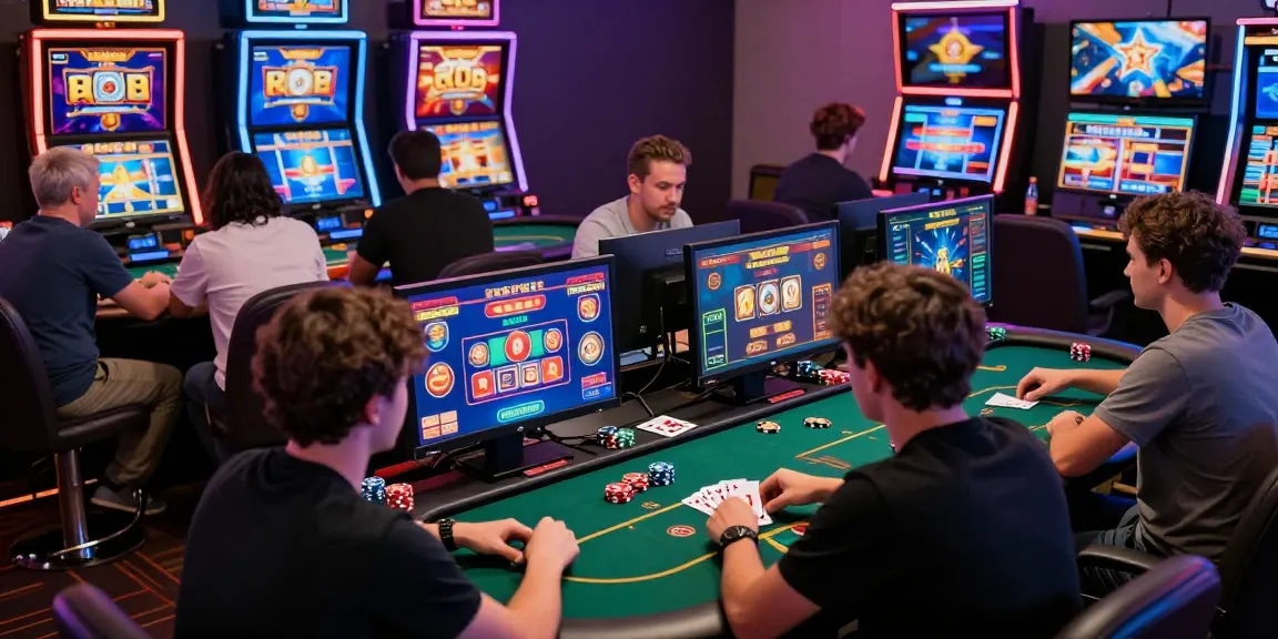 Atmosphère excitante au meilleur casino en ligne, mettant en vedette des joueurs divers engagés dans des activités de jeu en ligne entourés d'écrans vibrants et d'éléments interactifs.