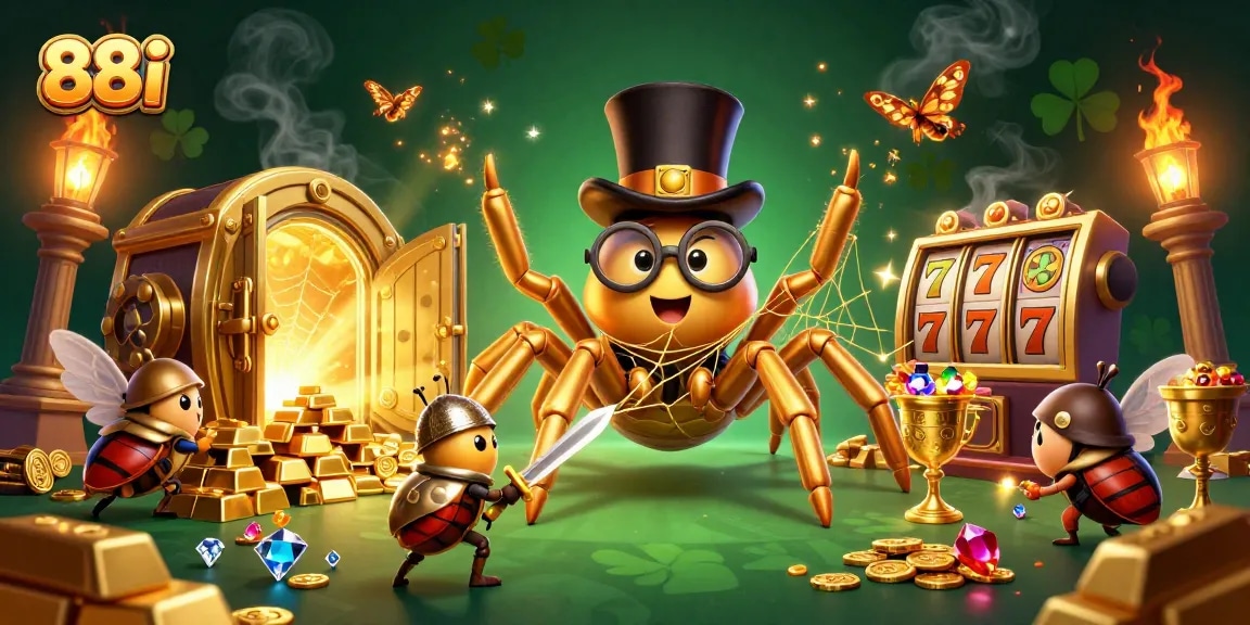 Join the thrilling action of 88i with a giant golden tarantula and a brave beetle knight amidst dazzling casino treasures.