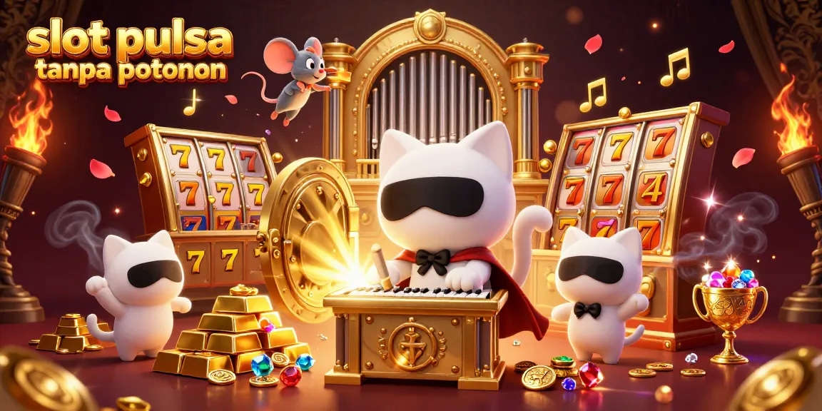Engage with slot pulsa tanpa potongan through a vibrant casino scene featuring animated characters and golden treasures.