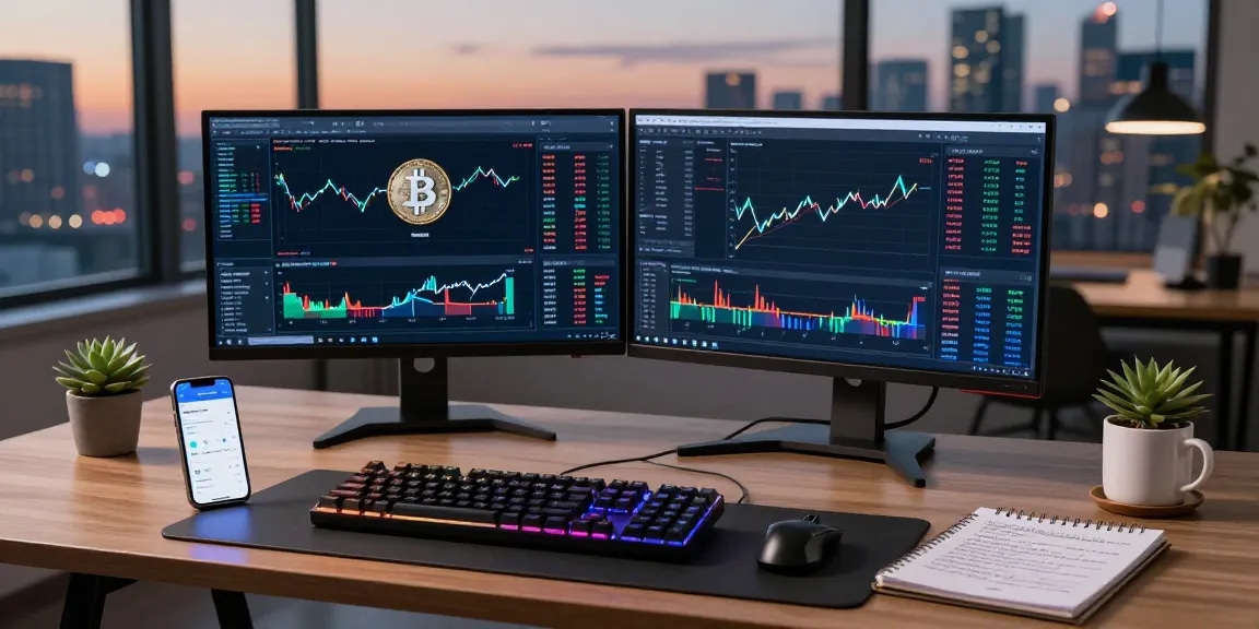 Cricbet99 cryptocurrency trading workspace featuring live charts and digital wallets in a modern office setup.