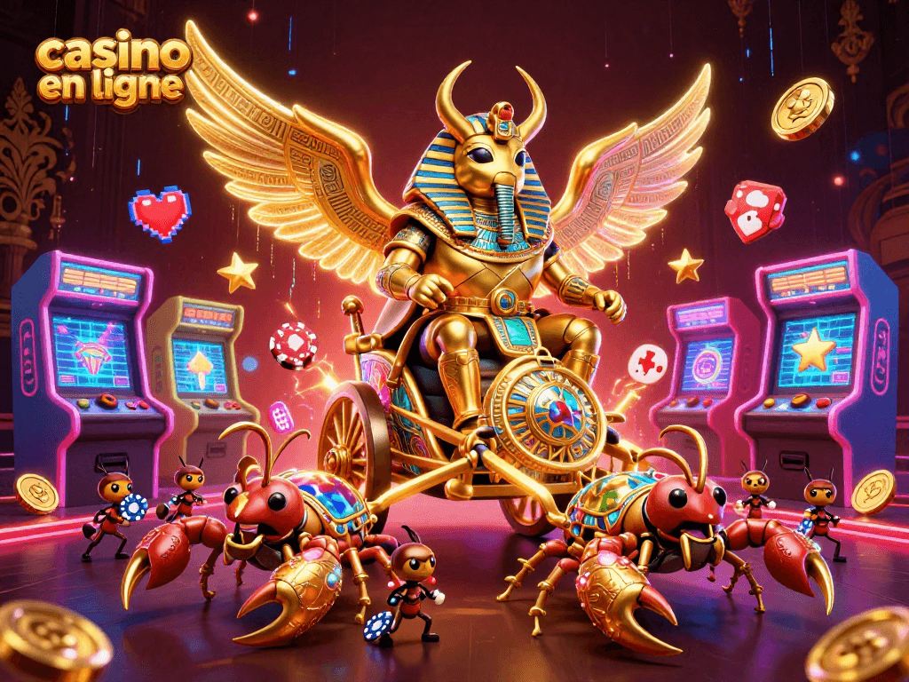 Découvrez le meilleur casino en ligne avec une illustration dynamique de jeux et personnages captivants.