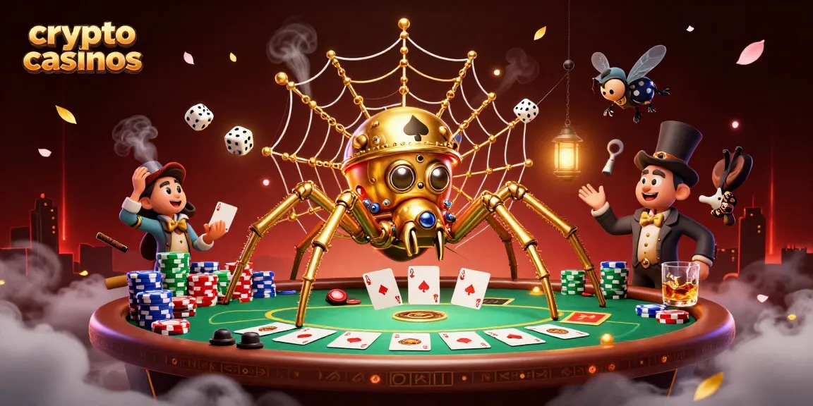 Jouer sur des crypto casinos modernes avec une illustration d'une araignée dorée en steampunk, combinant l'univers ludique des jeux de casino.