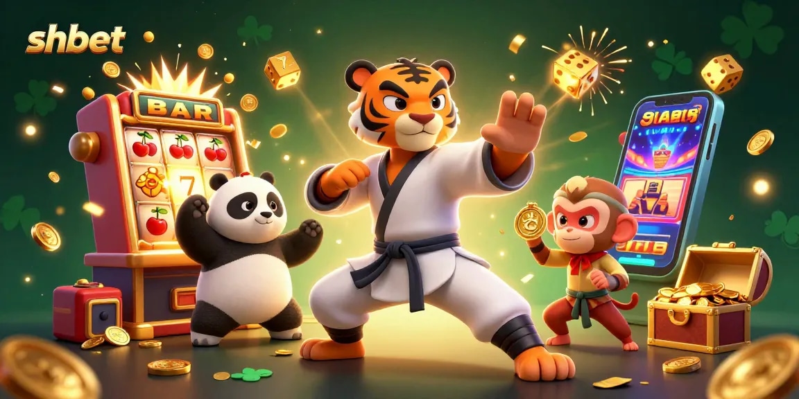 Engage with exciting shbet casino games while witnessing a kung fu tiger, panda, and monkey in vibrant action.