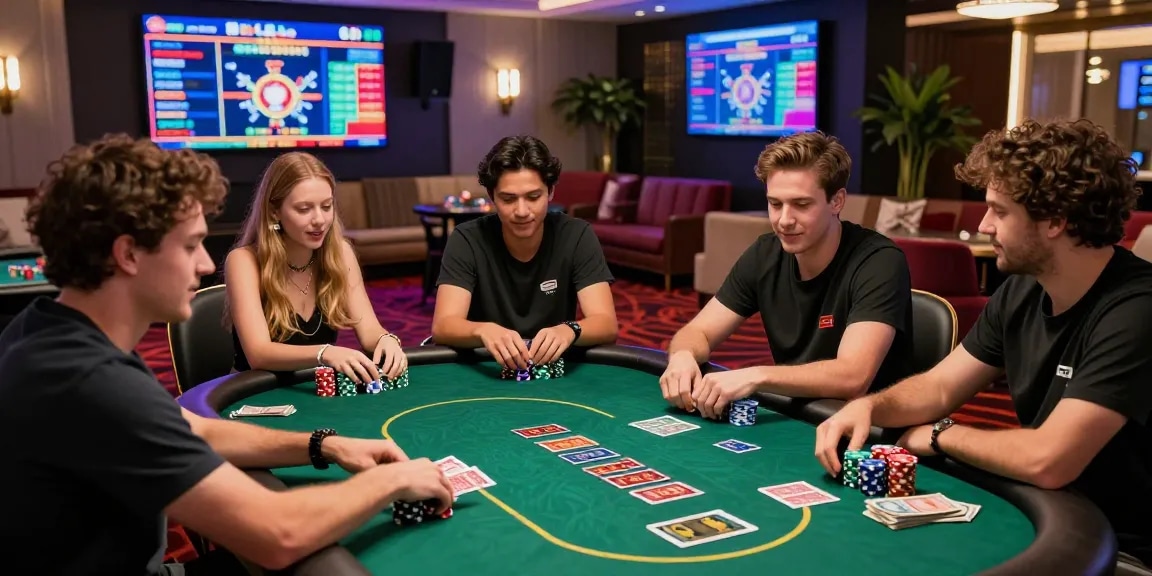 Engaging scene at brcs.co.uk featuring diverse players in a vibrant credit card casino environment, showcasing excitement around a poker table.