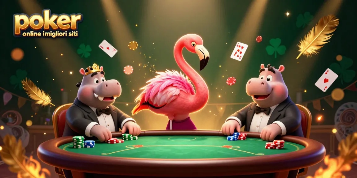 Poker online i migliori siti: Gioca al tavolo con un elegante dealer e un giocatore hippo, circondati da fiches e carte.