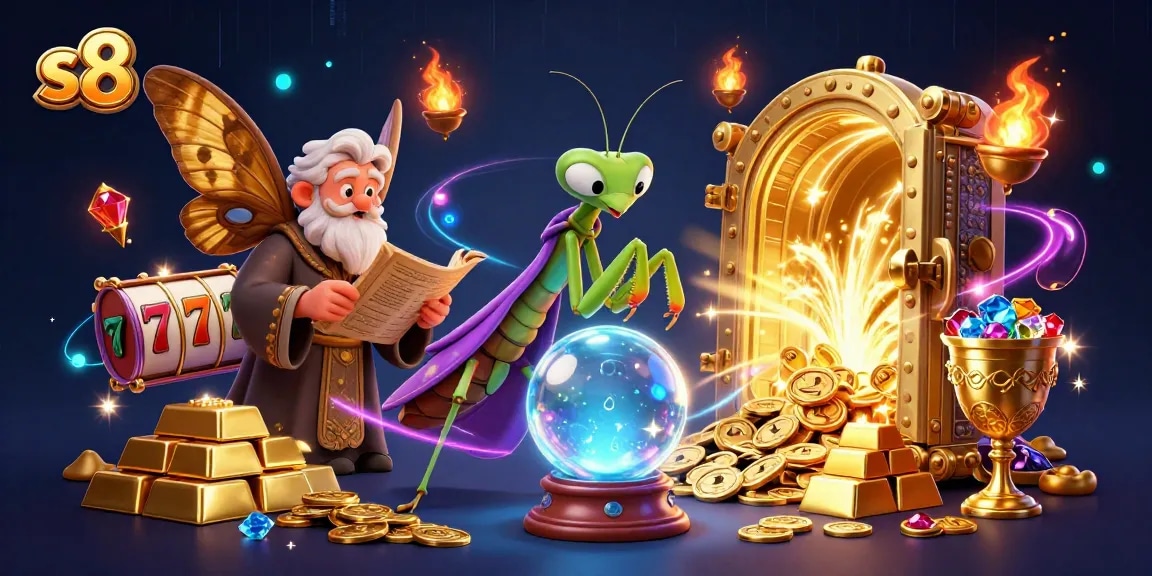 Engage with exciting slot games at s8, featuring characters in a vibrant, mystical casino scene.