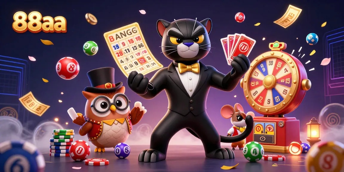 Engage with 88aa's vibrant casino atmosphere featuring a stylish panther dealing cards.