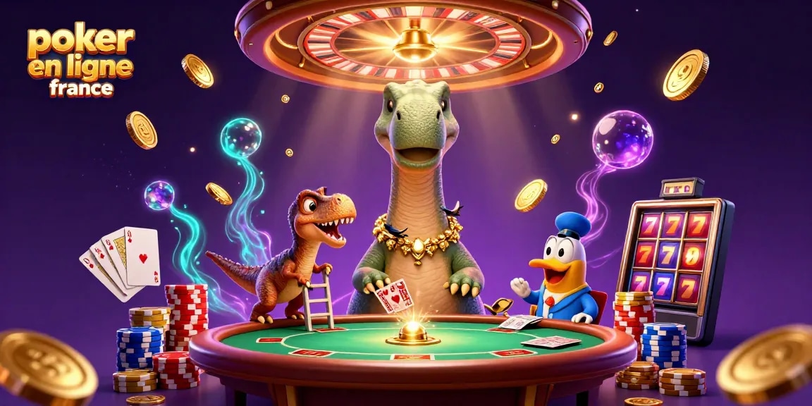 Jouez au poker en ligne en France avec des personnages animés dans un casino vibrant et coloré.