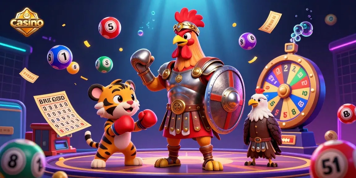 Engaging casino scene with a gladiator rooster and tiger cub, featuring dynamic lottery elements.