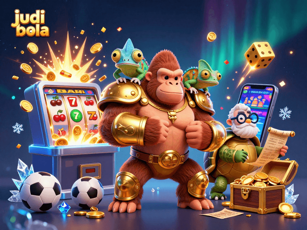 Engage in judi bola action with a dynamic 3D scene featuring vibrant casino elements and characters.