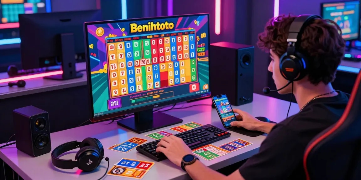 Engaging Benihtoto togel gaming scene with colorful graphics, lottery tickets, and excited player.