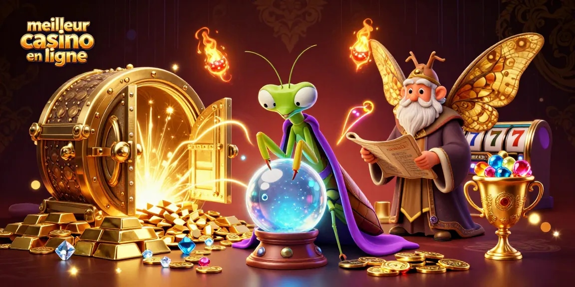 Illustration captivante du meilleur casino en ligne avec une mante religieuse voyante et des éléments de jeux impressionnants