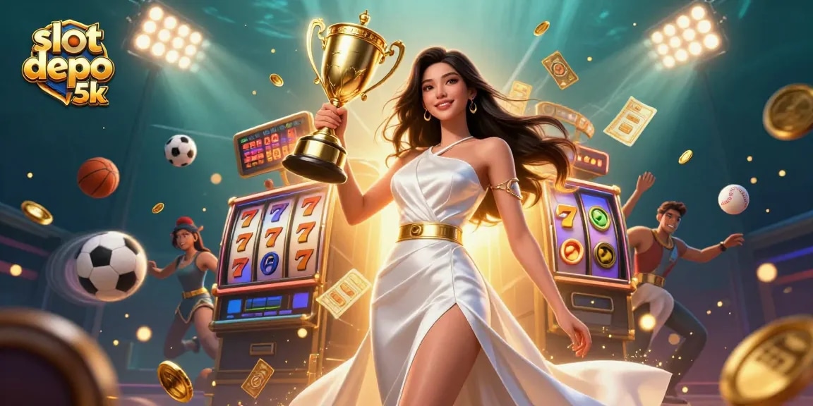 Engage in the excitement of slot depo 5k with a victorious player holding a trophy amidst dynamic gaming elements.