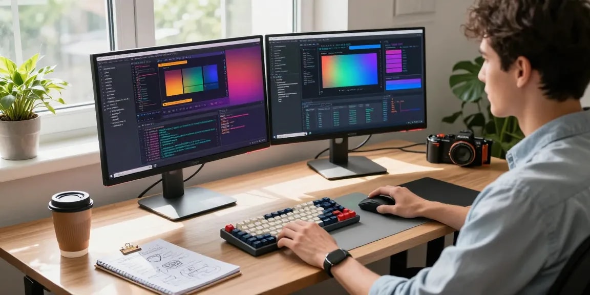 Developer showcasing advanced 截图工具 in a vibrant workspace with dual monitors and tech gadgets