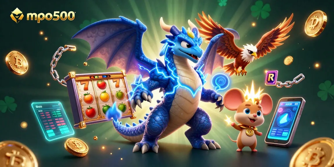 Experience the thrill of mpo500 with dynamic game elements and vivid characters in a stunning casino scene.