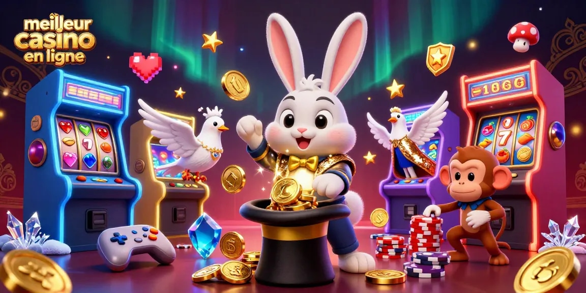 Visuel captivant du meilleur casino en ligne illustrant un magicien et des pièces d'or, entouré de machines de jeu dynamiques.