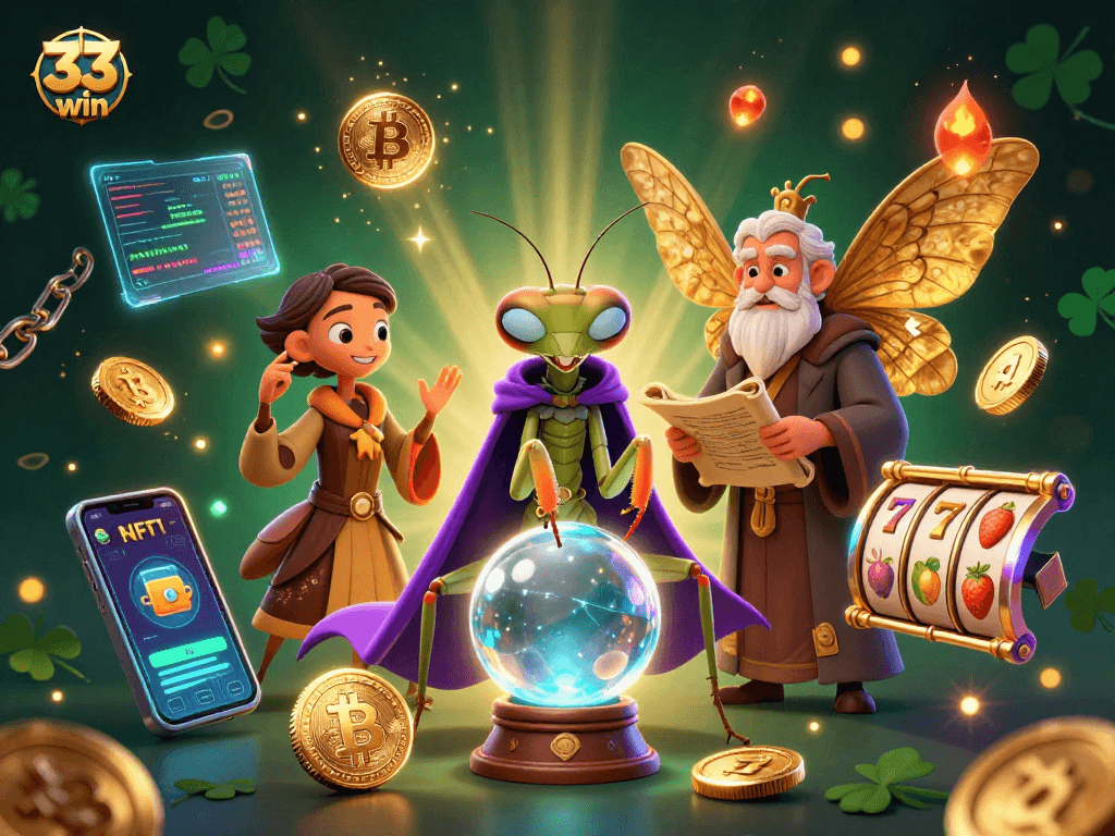 Experience the magic of 33win with a mystical casino scene featuring a fortune teller and digital currencies.