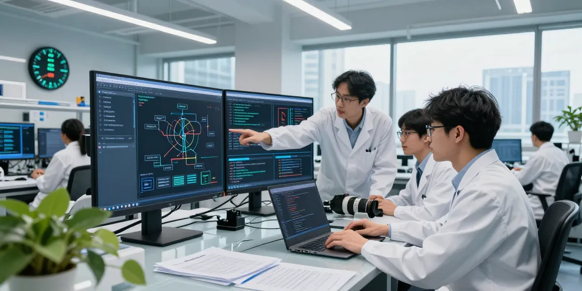 AI image detector experts collaborating in a modern detection lab, analyzing visual data and algorithms.
