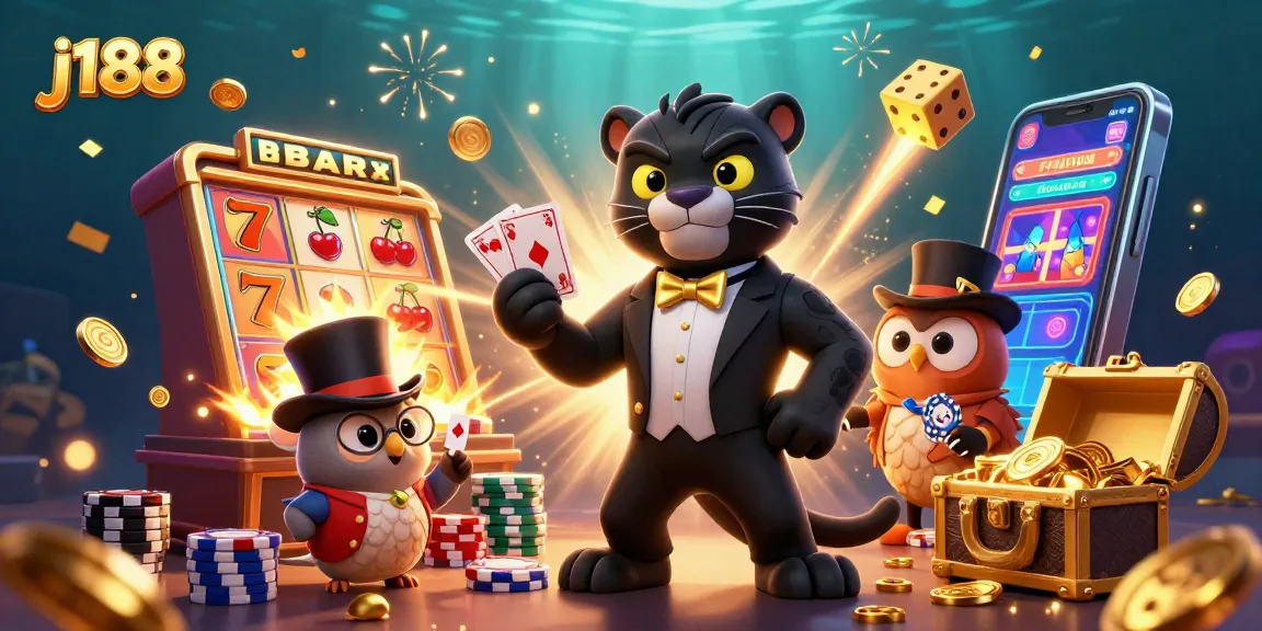 Play the exciting j188 casino games surrounded by vibrant characters and dynamic slot machine action.