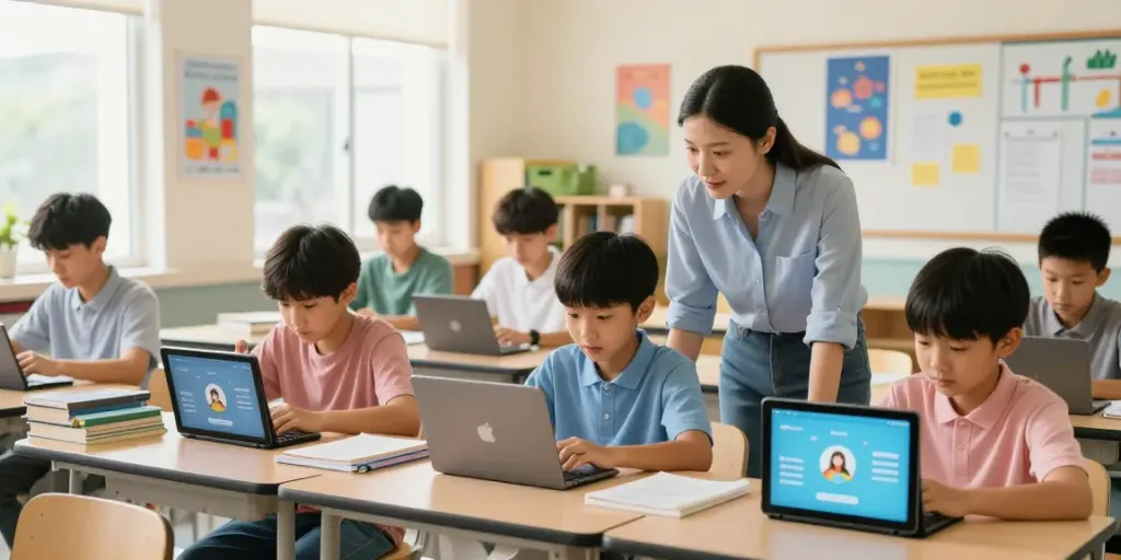 Students using ai for school in a vibrant classroom with personalized learning.