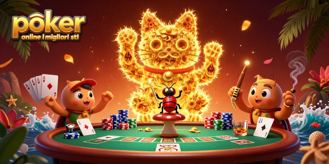 Gioca a poker online i migliori siti con il felice gatto portafortuna tra le fiches e carte da gioco.