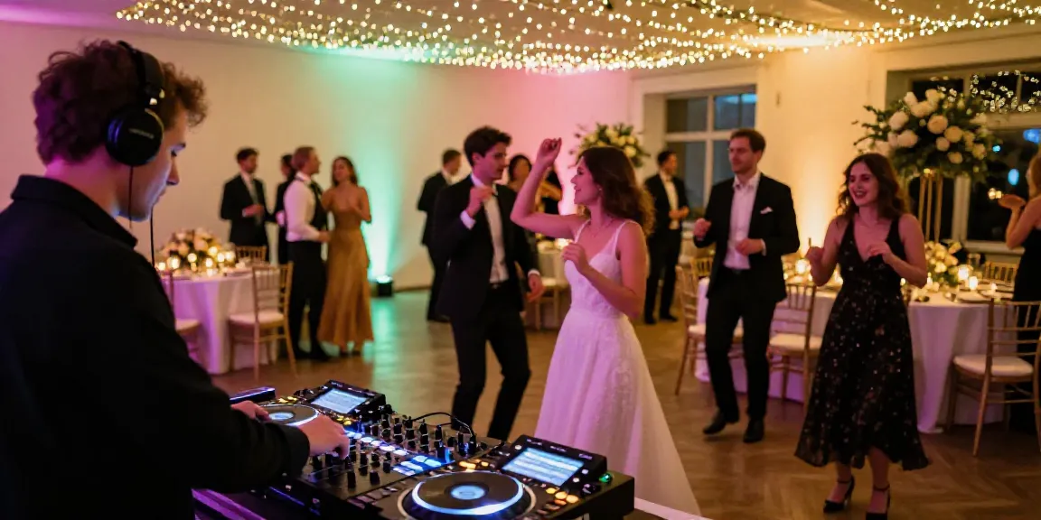 hochzeit DJ berlin brandenburg at a vibrant wedding with guests dancing and colorful decor