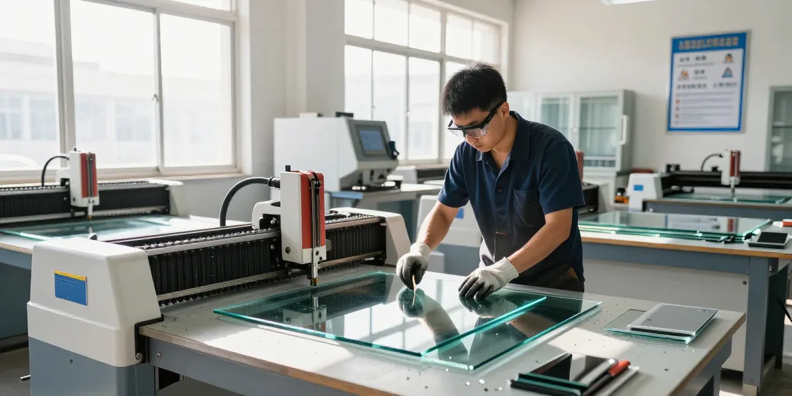 Technician using a glass cutting table in a modern glass processing workshop.