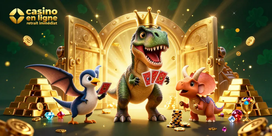 Casino en ligne retrait immédiat avec un T-Rex jouant aux cartes et un Tricératops empilant des jetons d'or