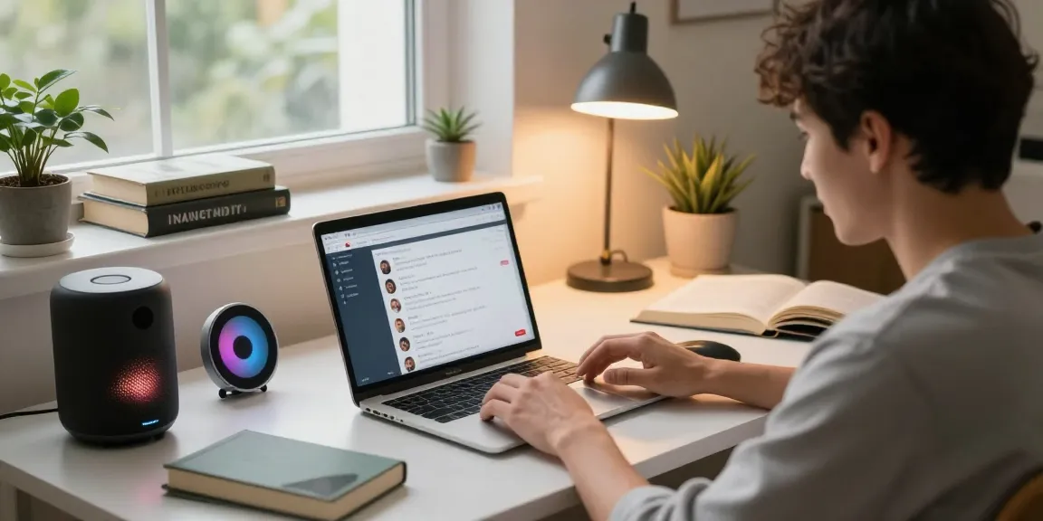 Person engaging with an AI gf on a laptop in a cozy home office.