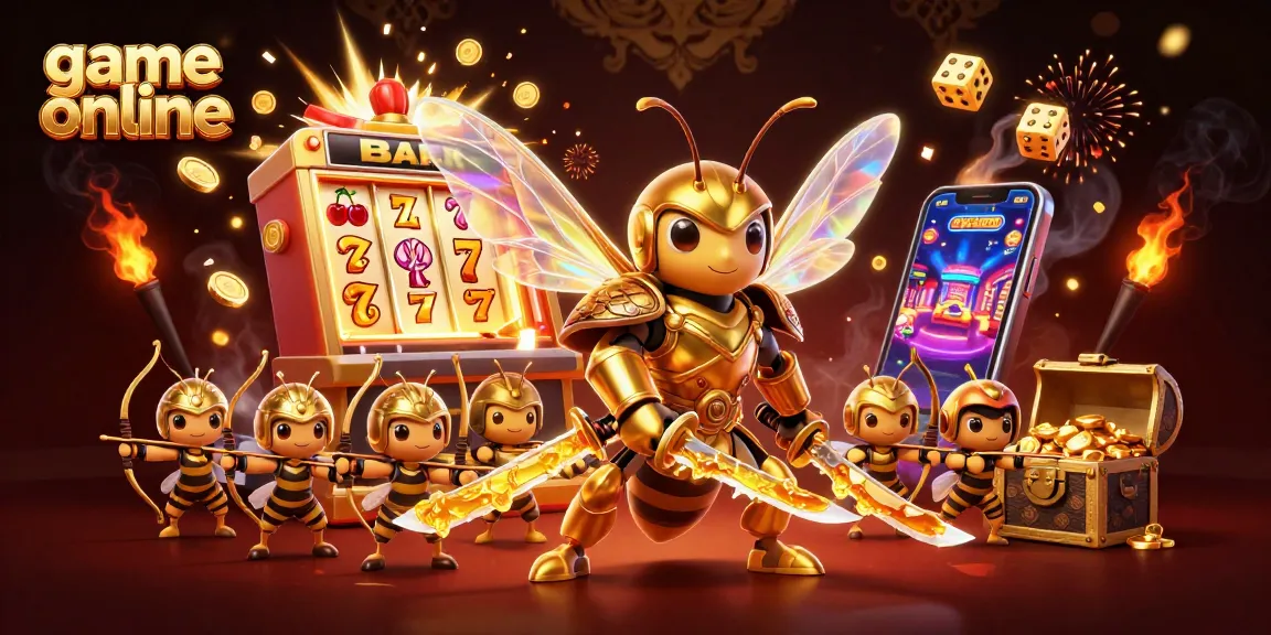 Play the best game online with a golden hornet and lucky symbols in a vibrant casino scene.