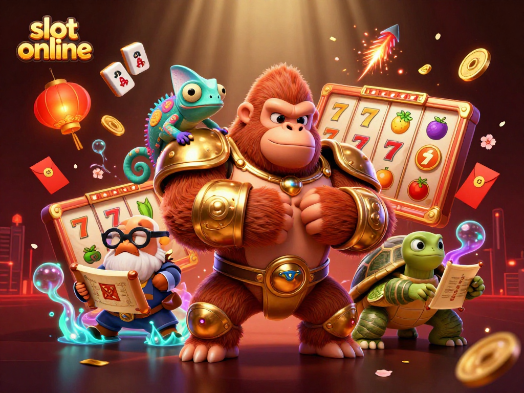 Spin to win with slot online featuring a 3D cartoon gorilla king and lucky symbols.