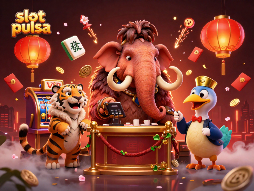 Experience exciting slot pulsa gameplay with vibrant casino characters and festive elements.