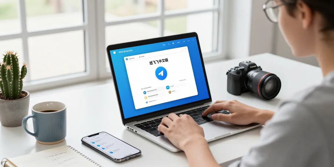 Young professional using 纸飞机中文版 on a modern laptop in a bright workspace, emphasizing tech efficiency.