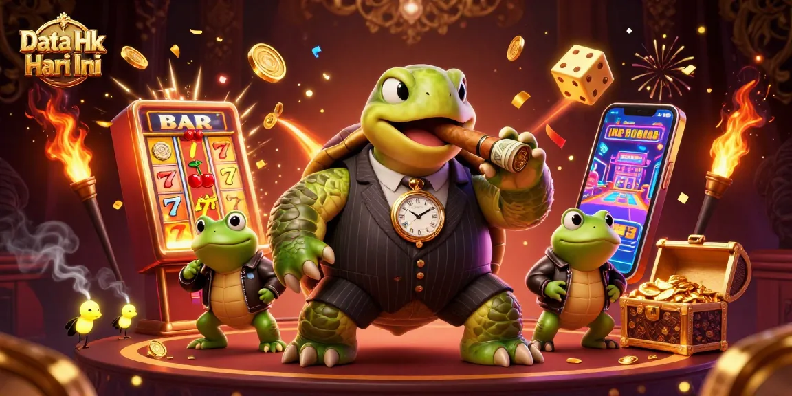 Engage in thrilling gambling with Data Hk Hari Ini featuring a cartoon turtle in a casino environment.