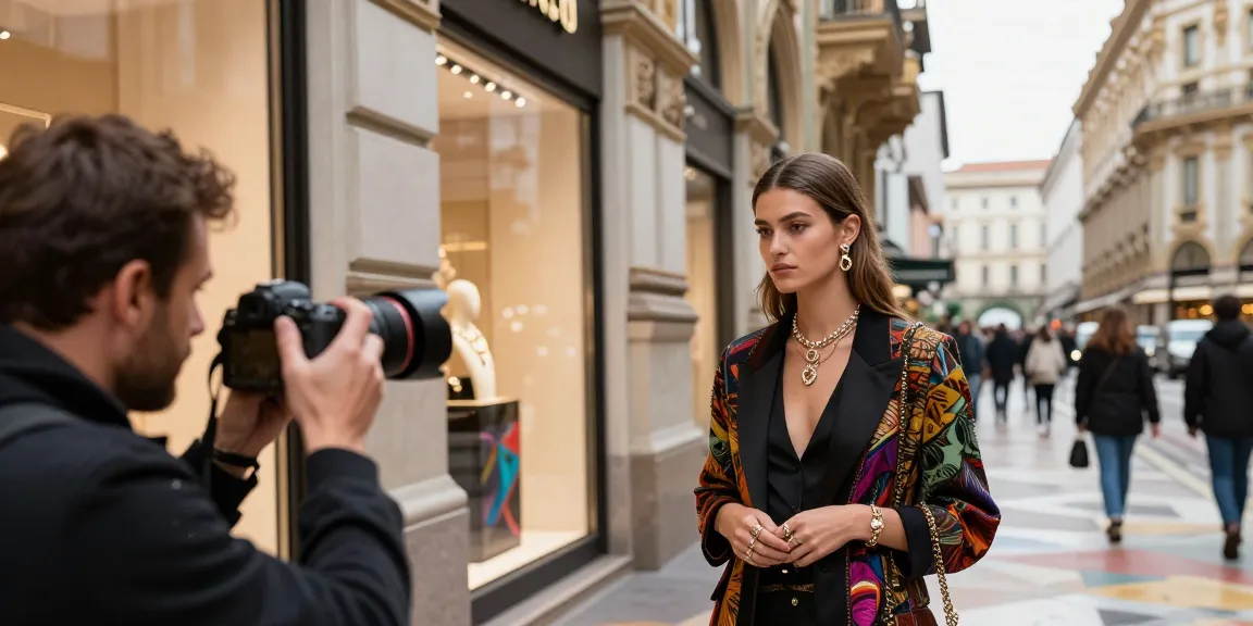 Fotografo professionista Milano mentre cattura un modello di moda con gioielli a Milano.