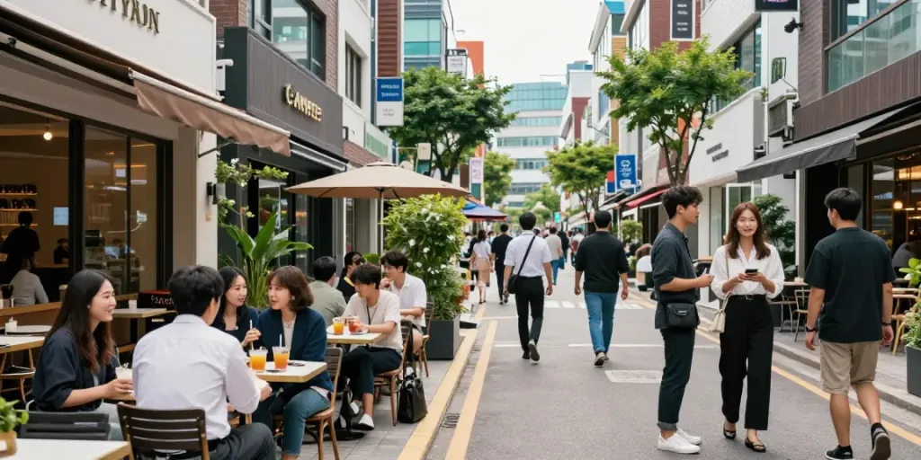강남OP에서 즐거운 시간을 보내는 사람들, 세련된 카페와 상점이 펼쳐진 거리